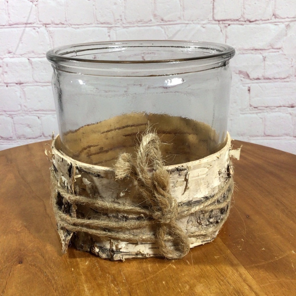Hand Crafted Birch Bark Wrapped Clear Glass Jar